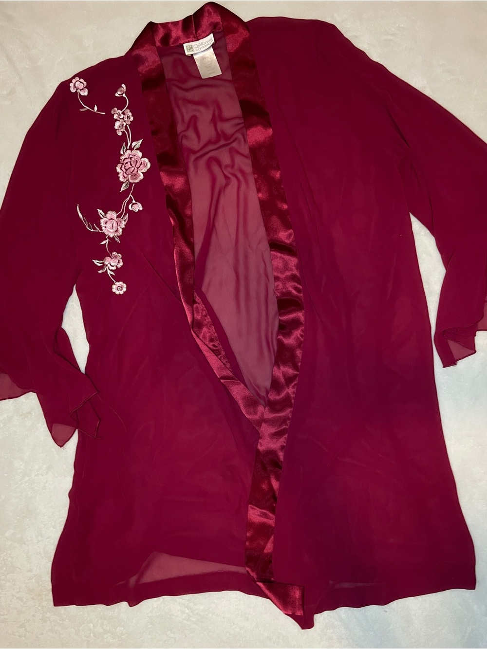 Embroidered Satin-Trim Burgundy Sheer polyester Robe - Women Intimates